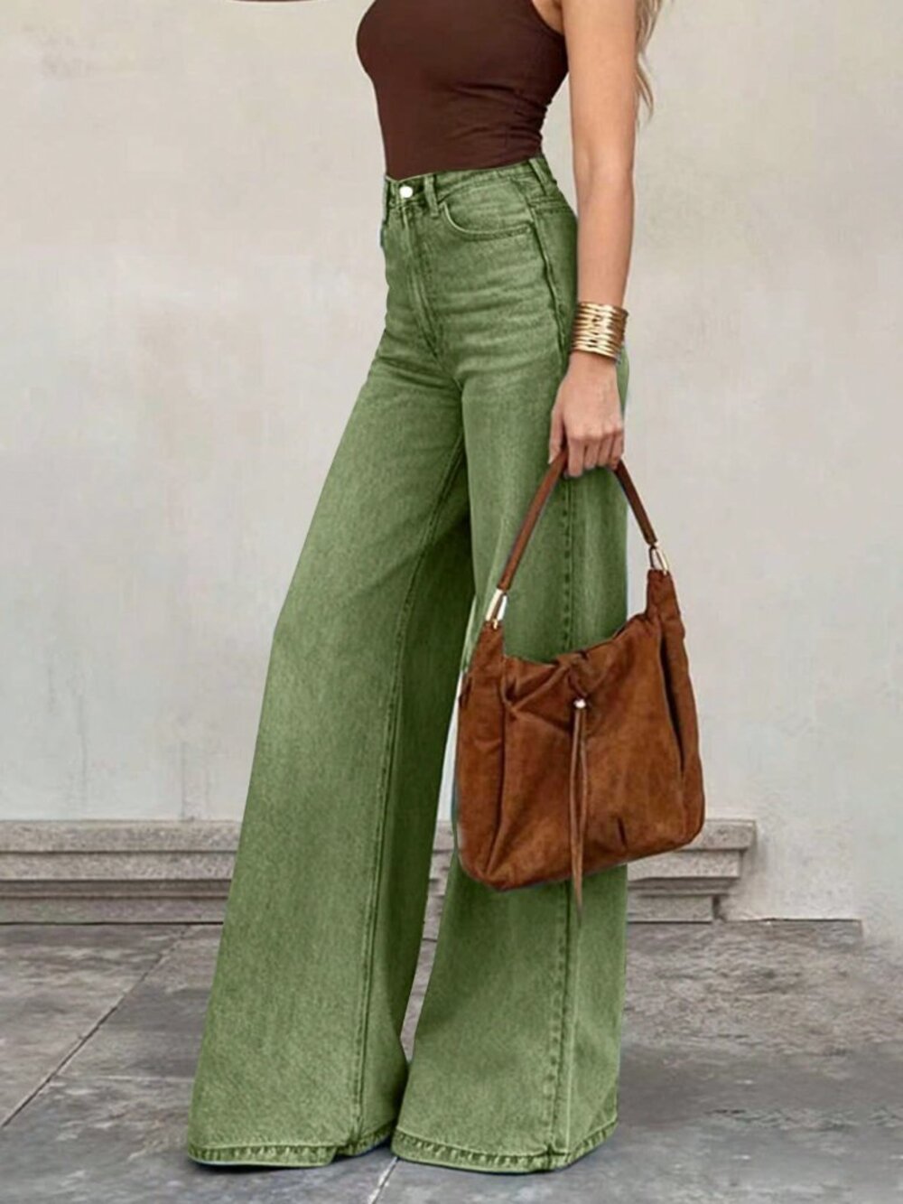 Green Bohemian Women's Army Denim Wide Leg High Waist Medium Stretch Pants - Picture 4 of 7